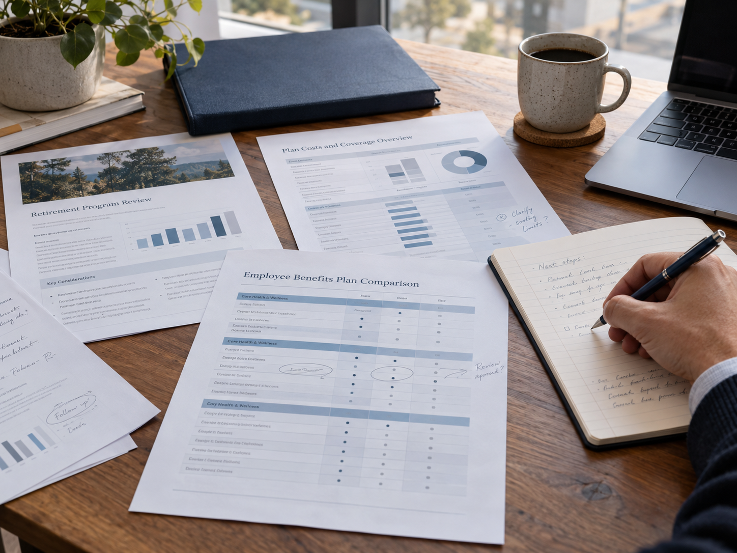 Advisory documents and notes arranged during a benefits plan review