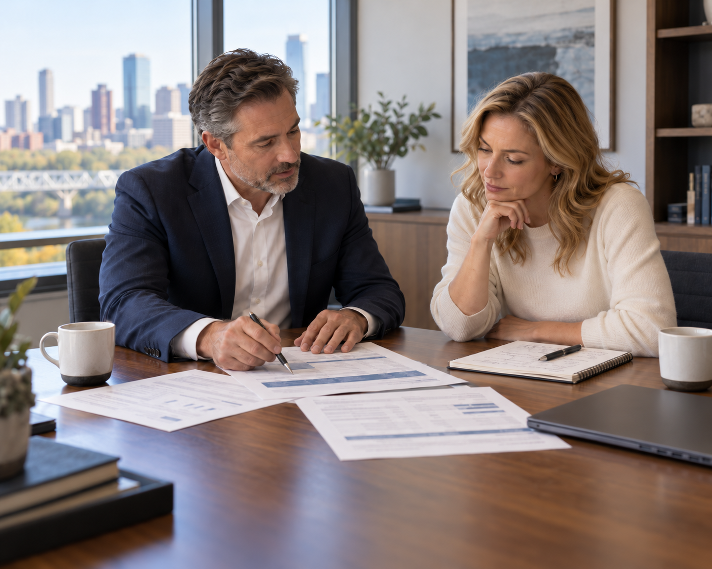 Business advisors reviewing plan documents together in a bright office