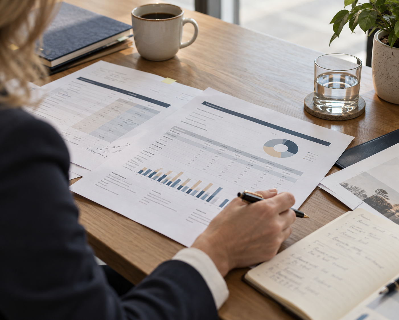 Advisor reviewing benefits renewal documents and plan information