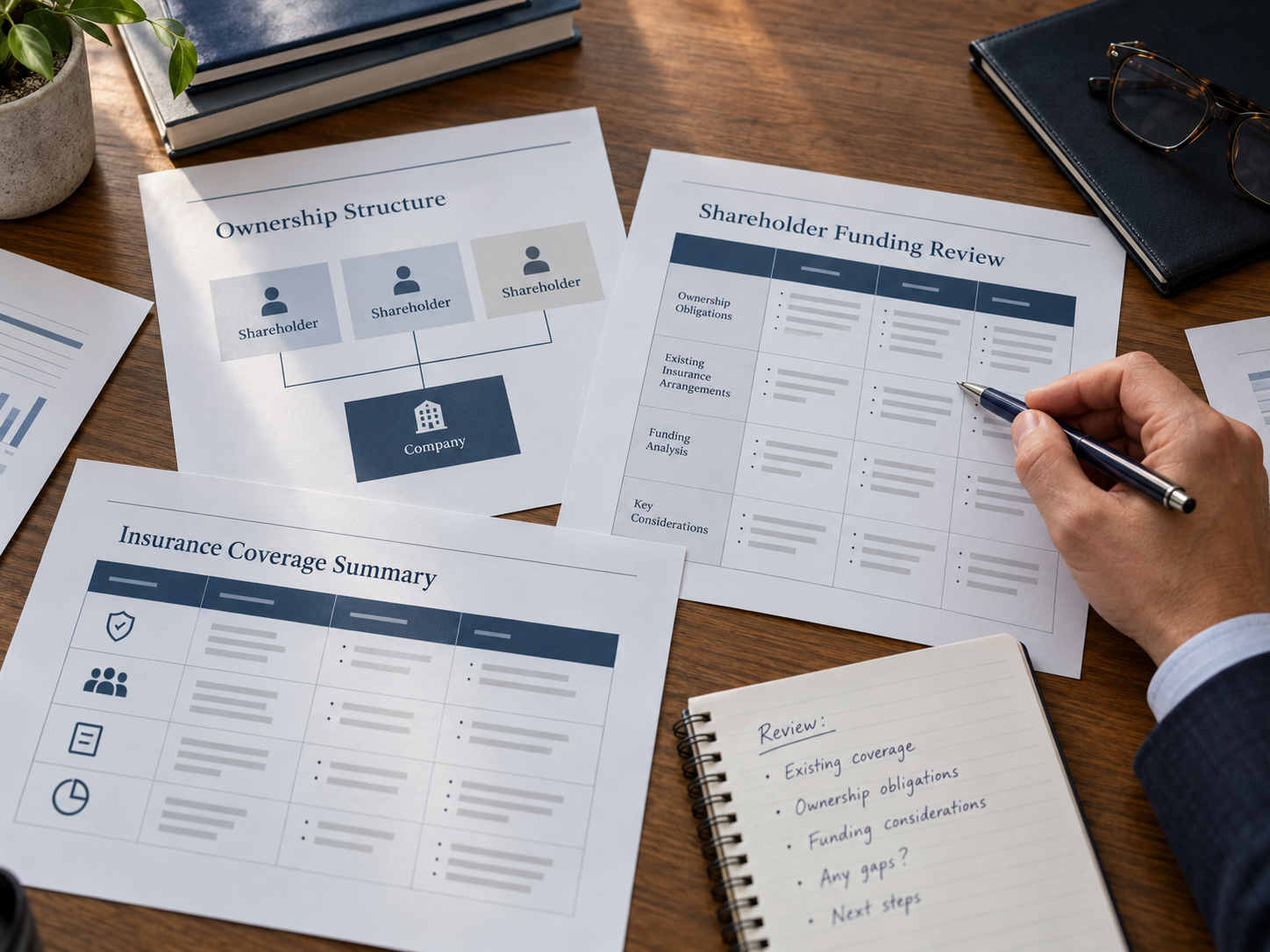 Printed ownership structure, shareholder funding review and insurance coverage summary documents on a desk, with a hand holding a pen over the funding review