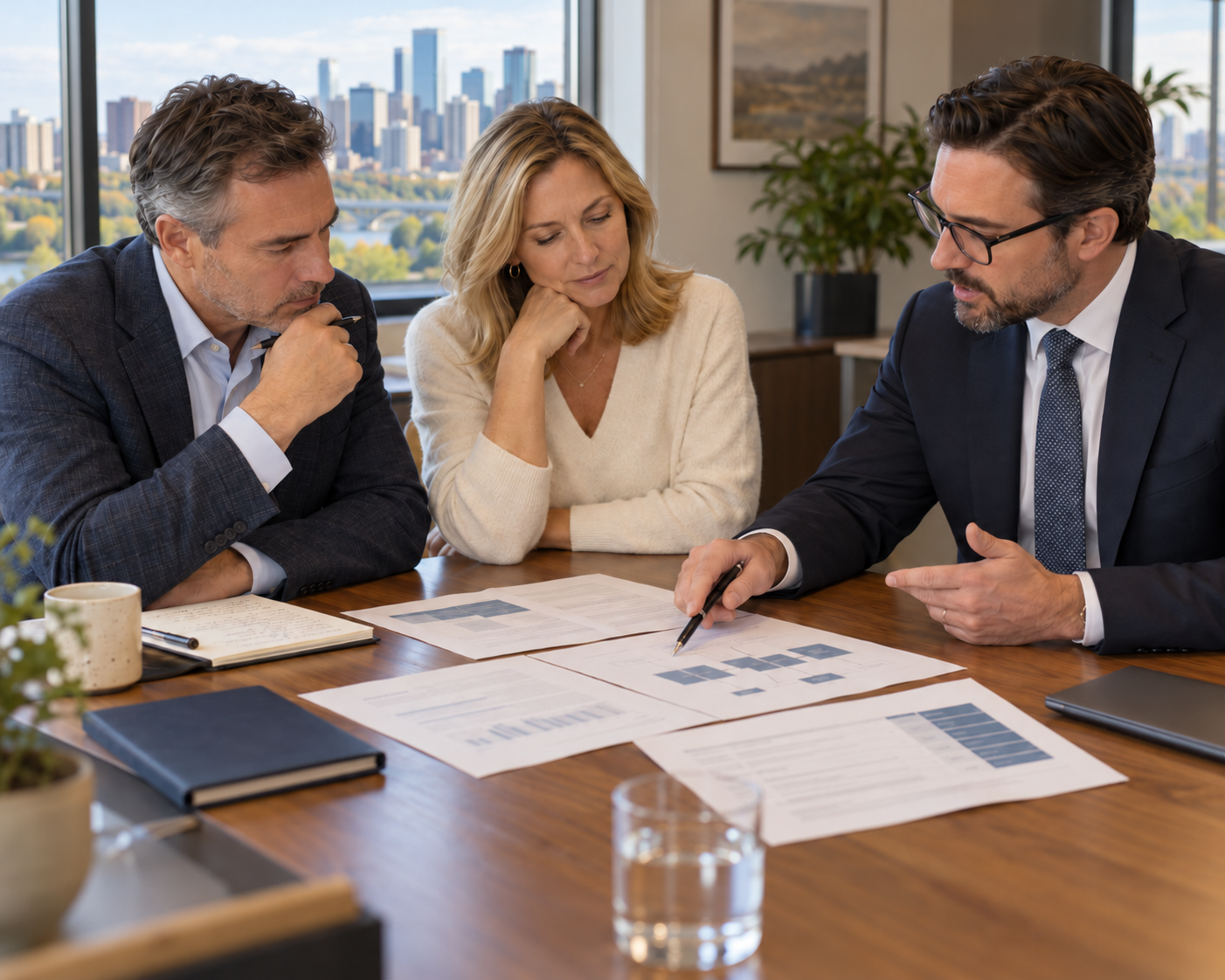 Two business owners and an advisor reviewing buy-sell funding documents together at a conference table