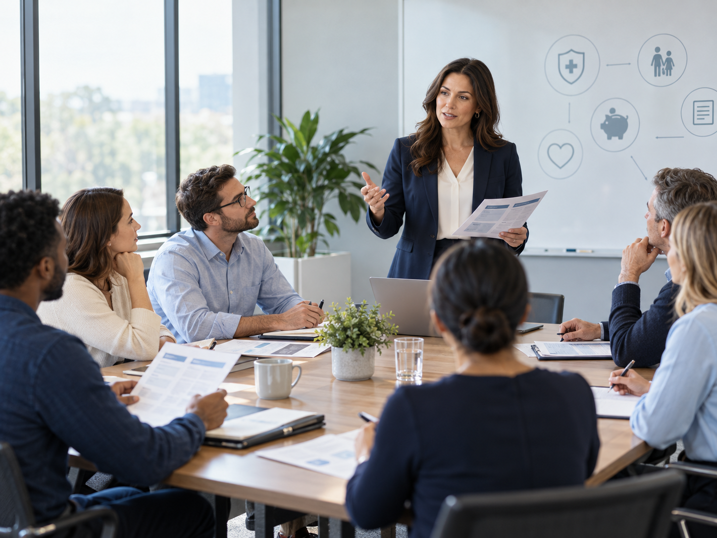Advisor explaining plan information to a small group
