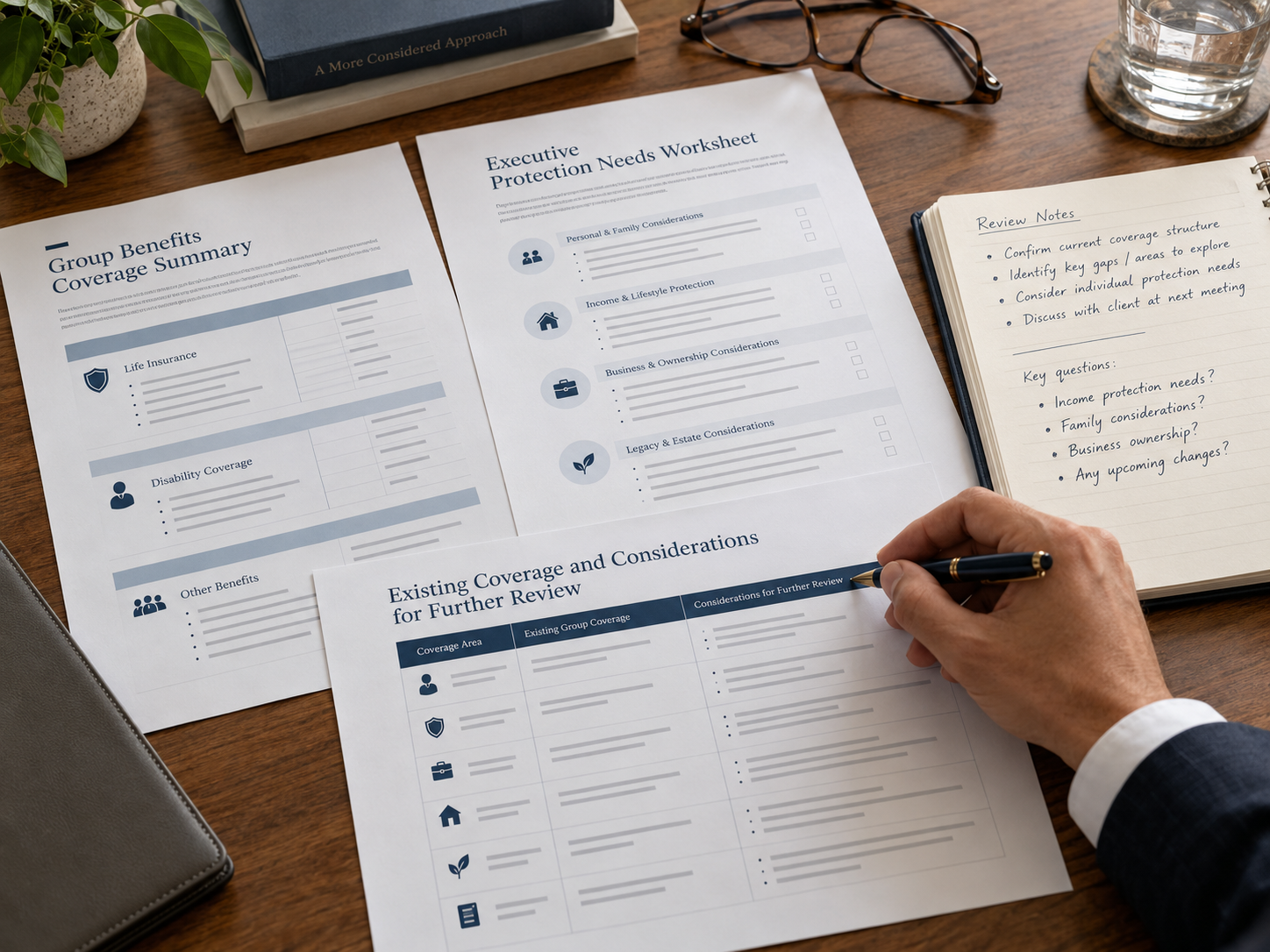 Printed executive protection worksheets and a coverage summary on a desk, with an advisor's hand and a review notebook