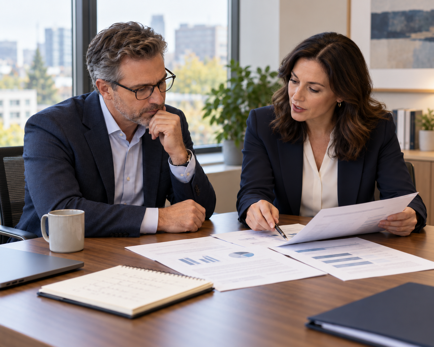 An advisor pointing to printed coverage charts while an executive listens during an insurance review meeting