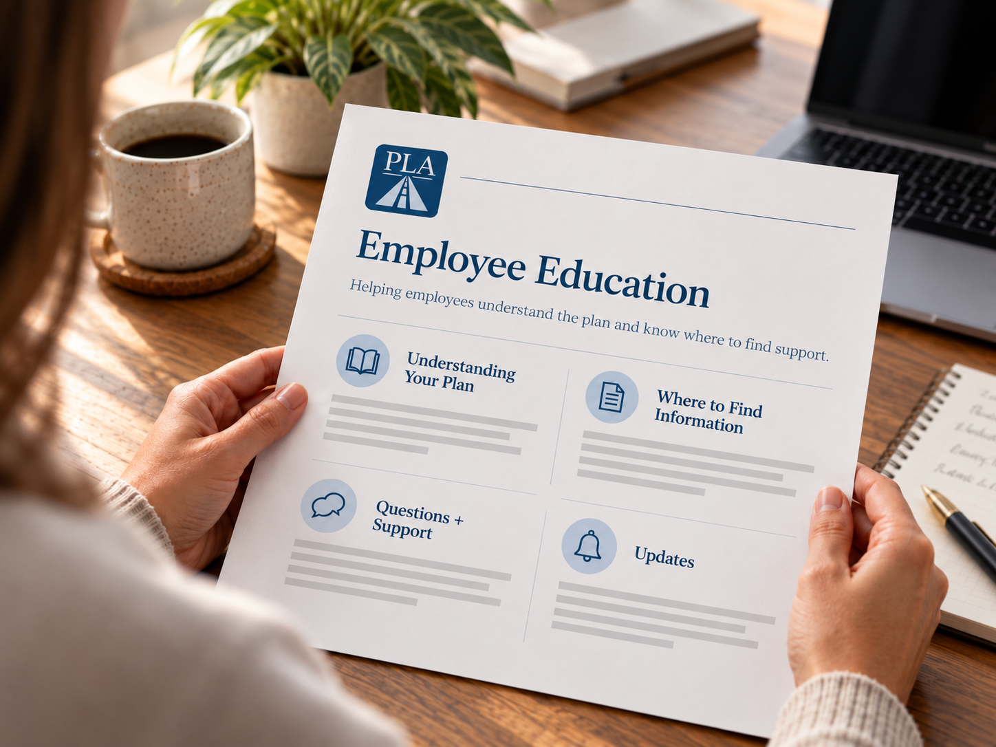 Printed employee education materials being reviewed during a benefits discussion