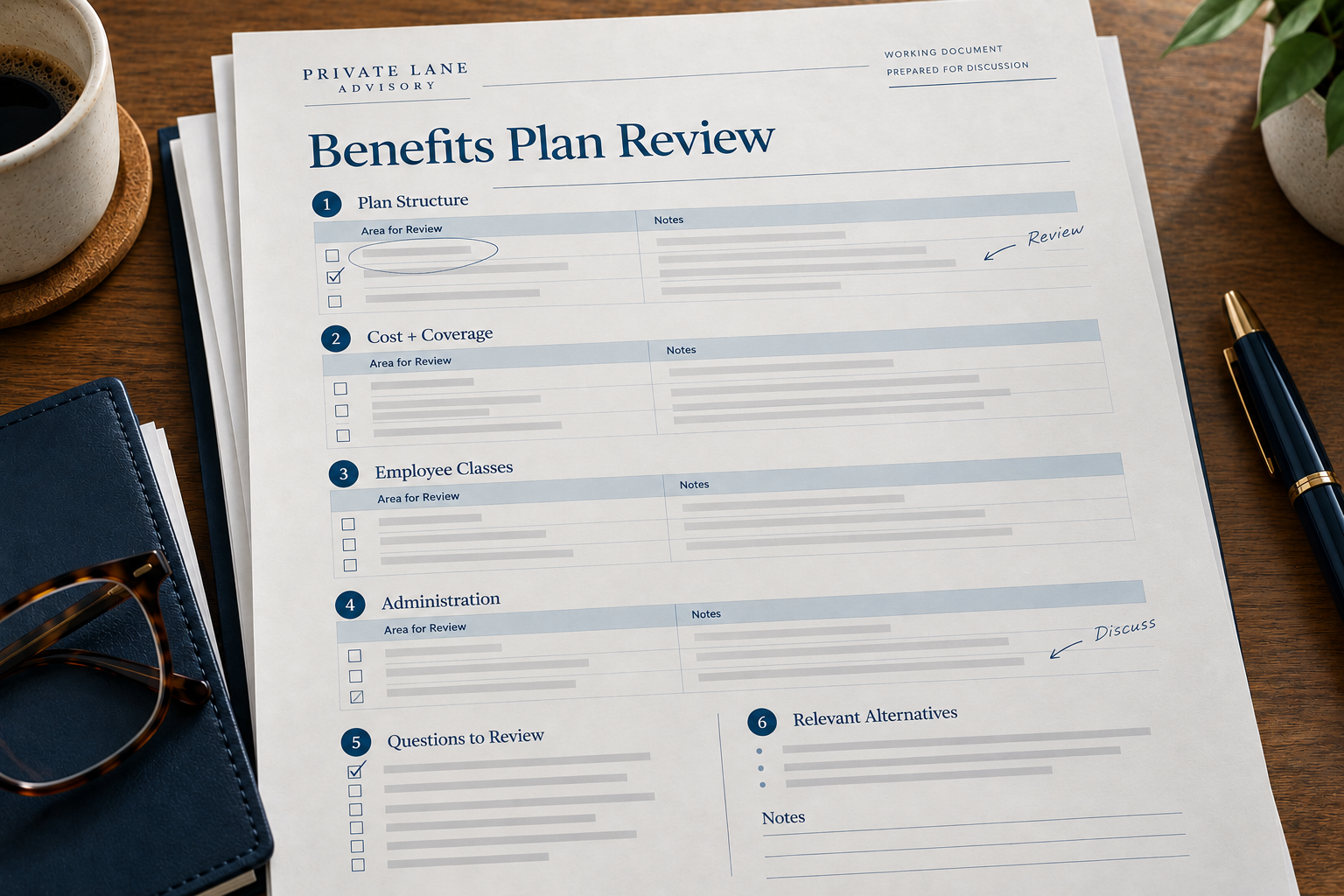 Private Lane Advisory benefits plan review worksheet on a desk