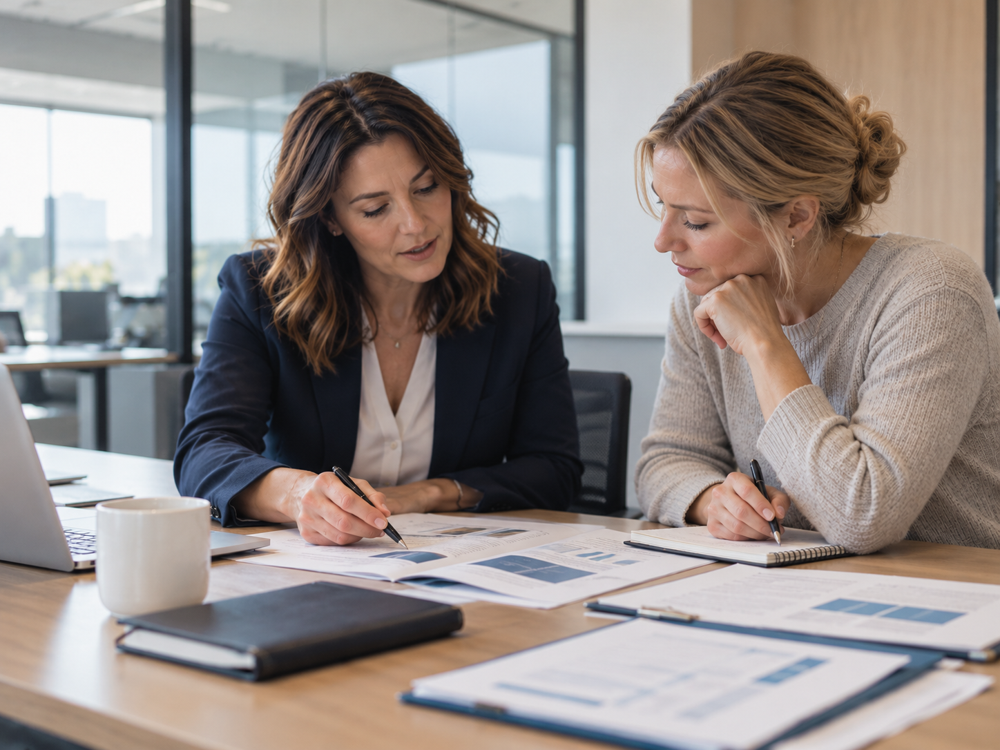 Two advisors collaborating at a table while reviewing plan materials