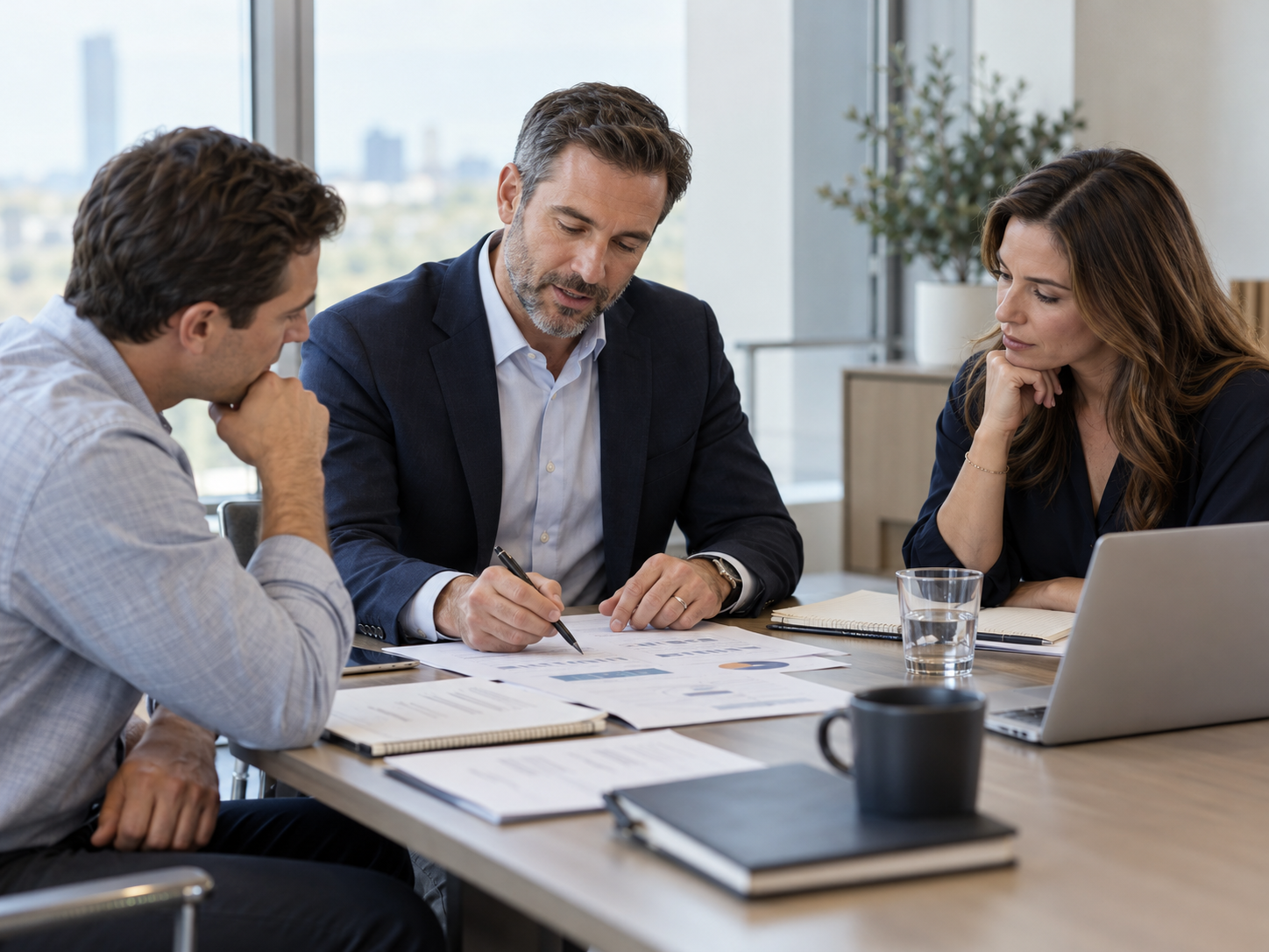 Three business advisors collaborating around a table while reviewing benefit plan materials