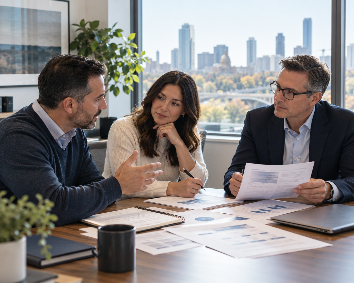 Business owners reviewing financial plans together in a bright office